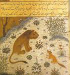 Kalila va Dimna, Fassung von 1429 aus Herat, Afghanistan; Der Schakal Dimna versucht den Lwen in die Irre zu fhren.